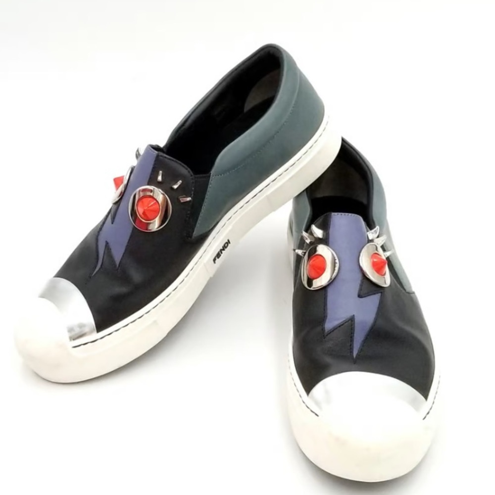 FENDI Women’s Black Leather Monster Slip On Sneakers Size 37.5/7.5 MSRP $965